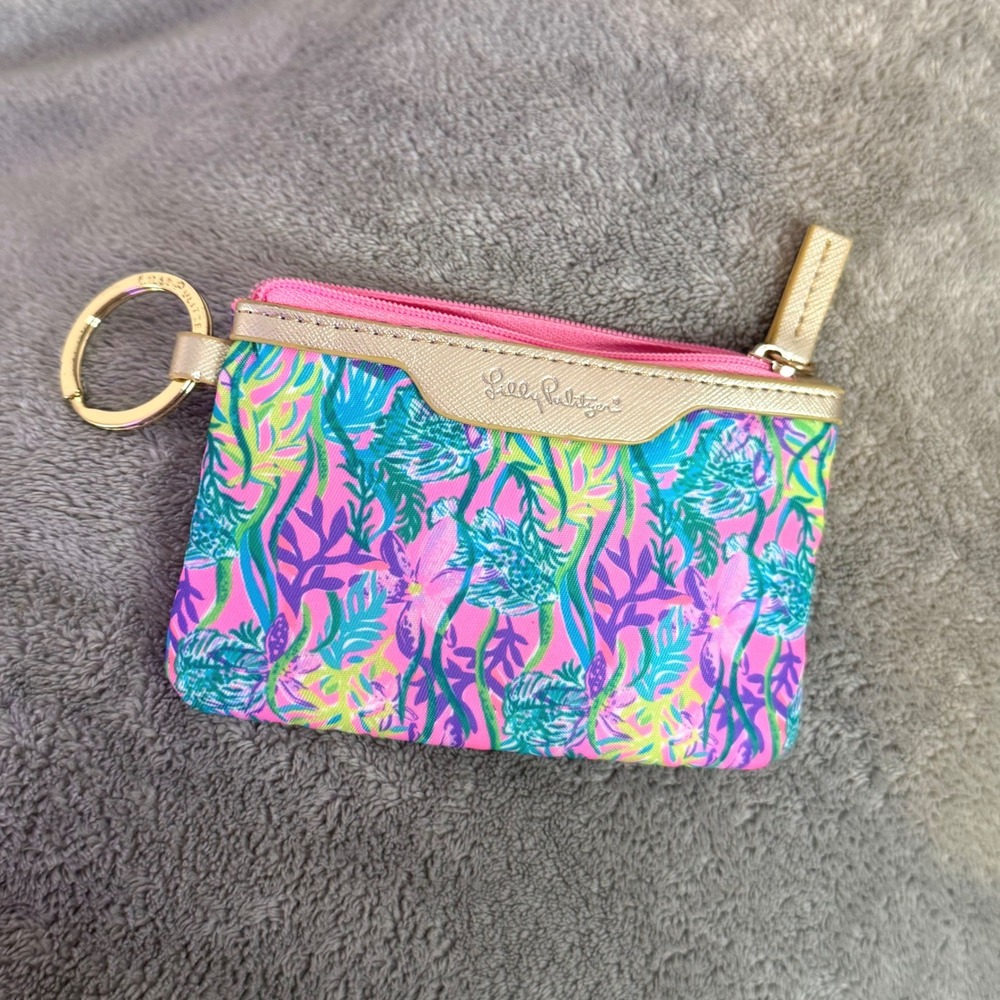 Lilly Pulitzer ID Case Keychain Wallet Pink Blue Key Ring Party All The Tide